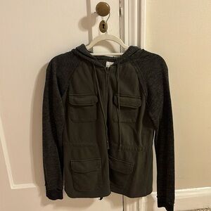 Size small, others follow sweatshirt, army green and gray sleeves